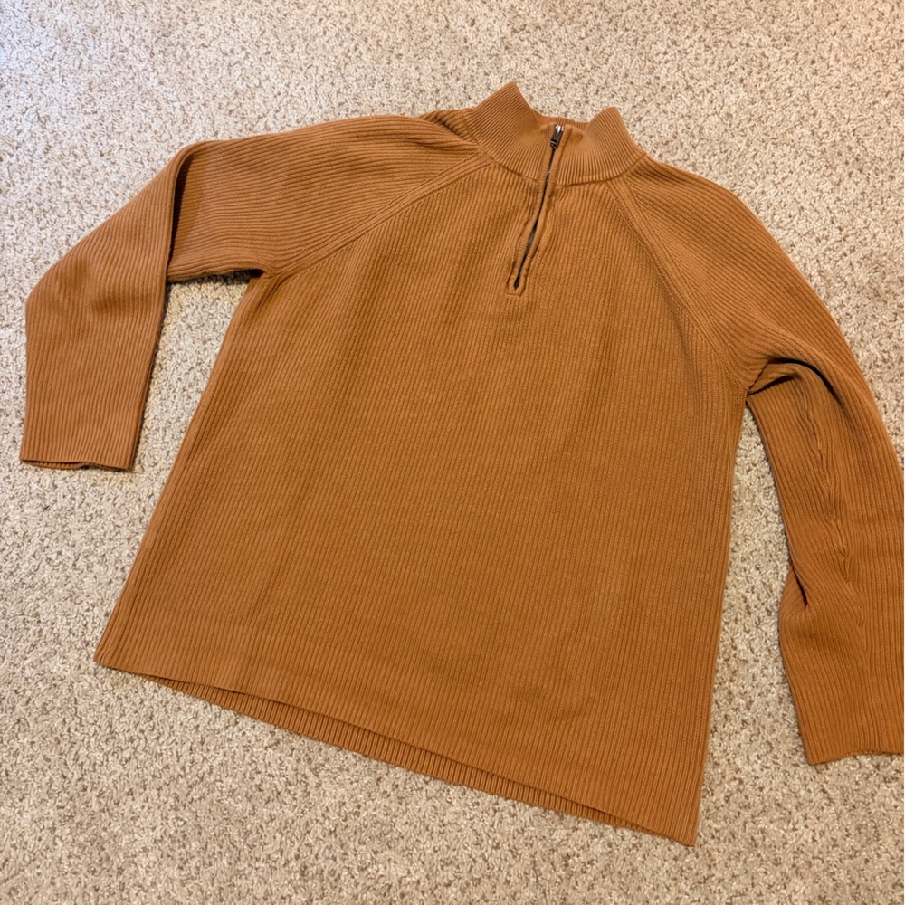 Express Mock Neck Quarter Zip Soft Knit Ribbed Pullover Sweater in Camel - Picture 4 of 5